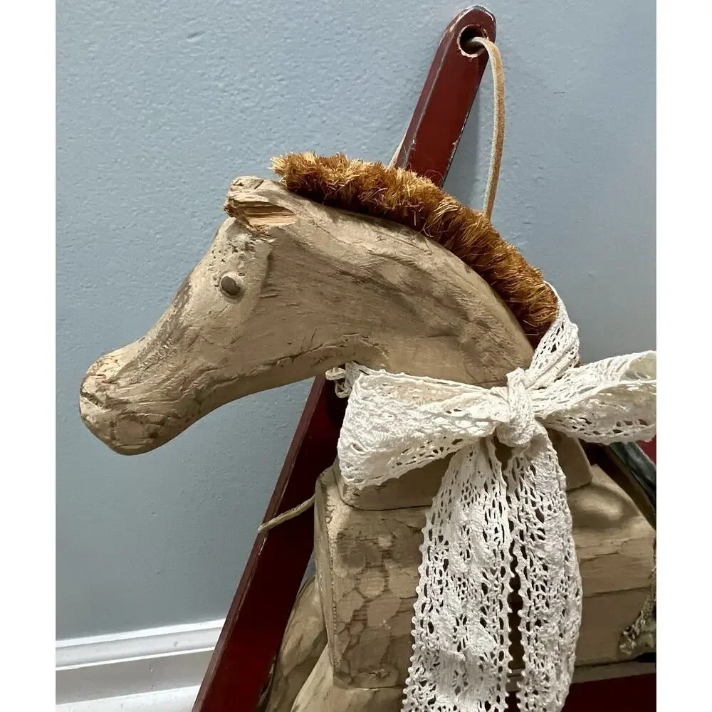 Antique Primitive Folk Art Wooden Horse Pull Toy on Wheels Leather Saddle 22”